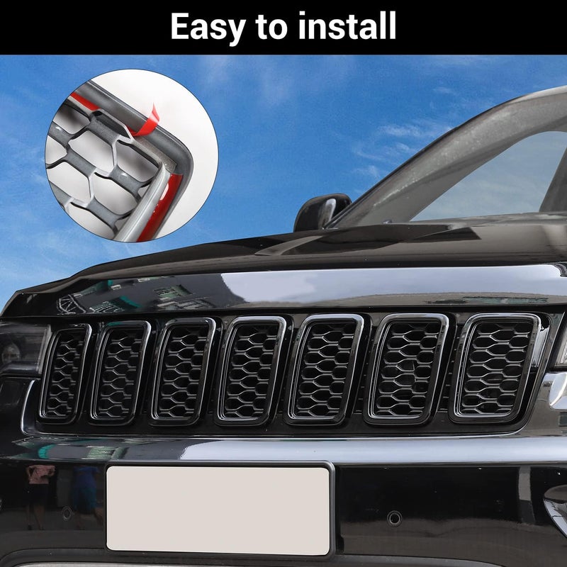 JeCar حلقة شبكة أمامية من نوع خلية النحل لتغطية وتزيين شبكة السيارة لجيب جراند شيروكي 2017-2020، باللون الأسود (7 قطع) - Image 5